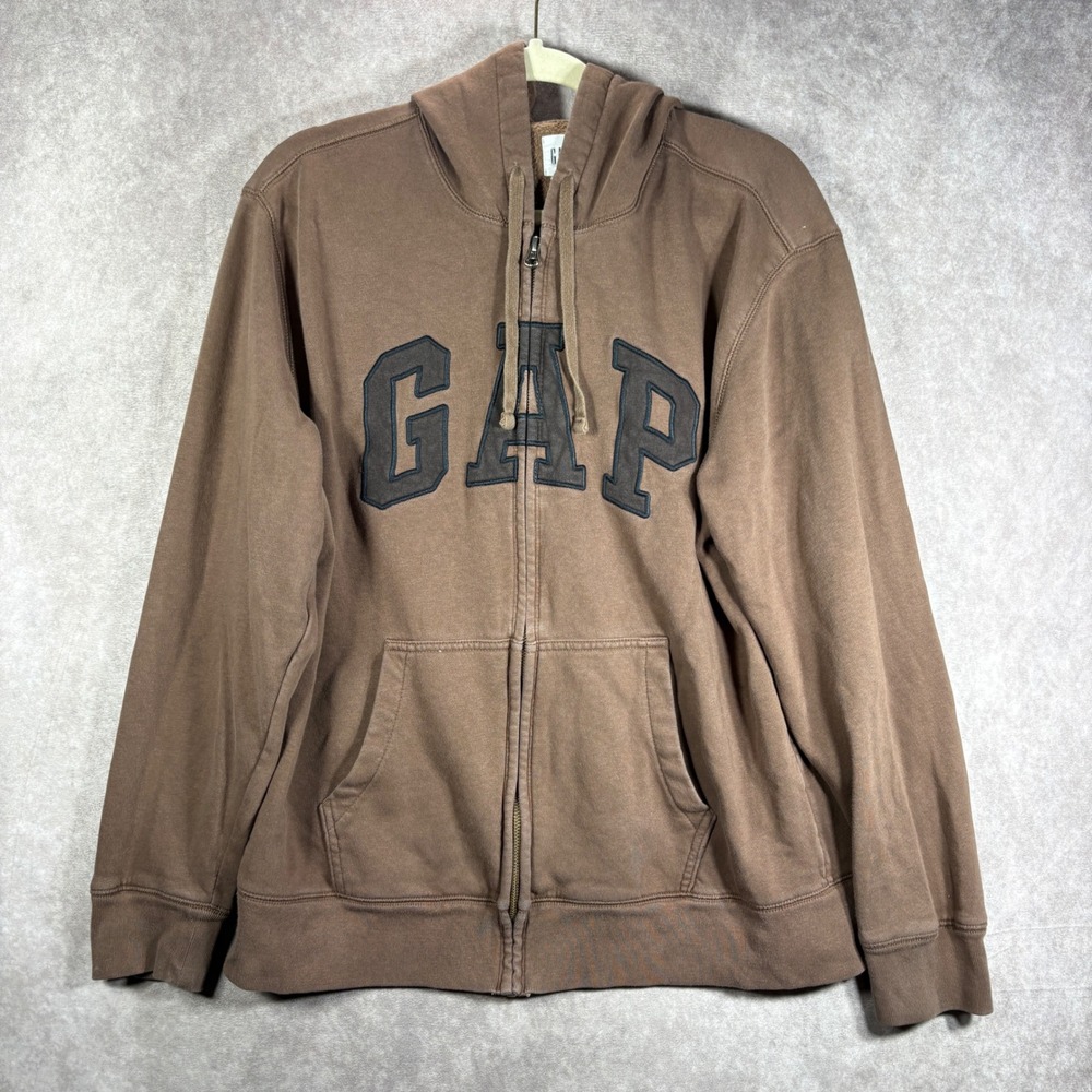 GAP Hoodie Sweater Mens Large Brown Arch Logo Zip Up Fleece Sweatshirt Casual